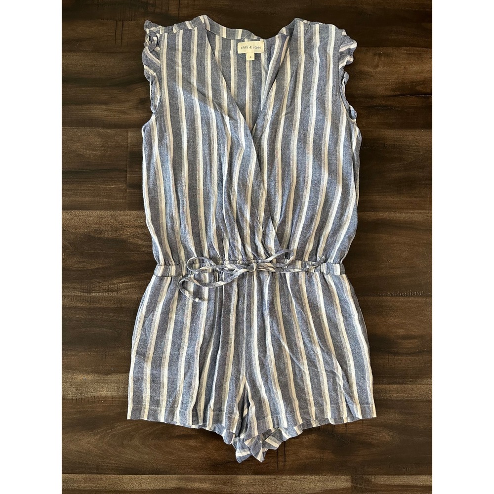 Cloth & Stone Blue White Striped Ruffle Surplice Romper Small
